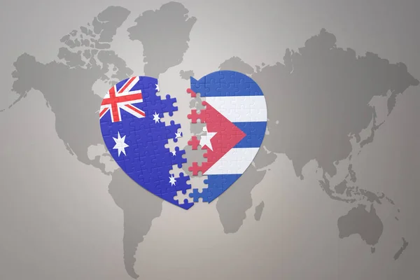 パズルハートはキューバとオーストラリアの国旗を背景にした世界地図です コンセプト 3Dイラスト — ストック写真