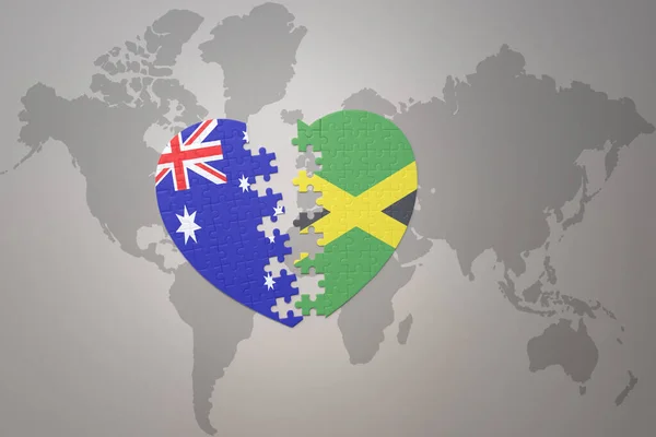 Puzzelhart Met Nationale Vlag Van Jamaica Australië Een Wereldkaart Achtergrond — Stockfoto