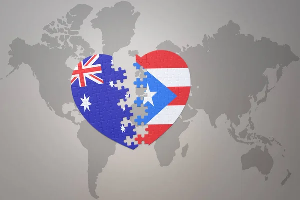 世界地図の背景にプエルトリコとオーストラリアの国旗が描かれたパズルハートです コンセプト 3Dイラスト — ストック写真