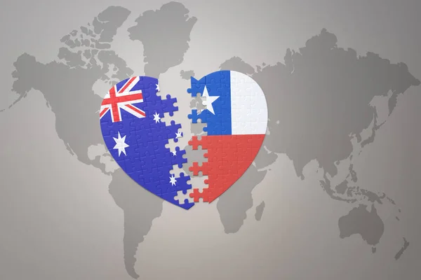 パズルハートはチリとオーストラリアの国旗を背景にした世界地図です コンセプト 3Dイラスト — ストック写真
