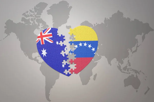 Coração Quebra Cabeça Com Bandeira Nacional Venezuela Austrália Fundo Mapa — Fotografia de Stock