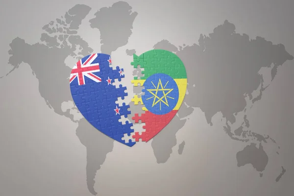 Puslespil Hjerte Med Det Nationale Flag New Zealand Ethiopia Verdenskort - Stock-foto