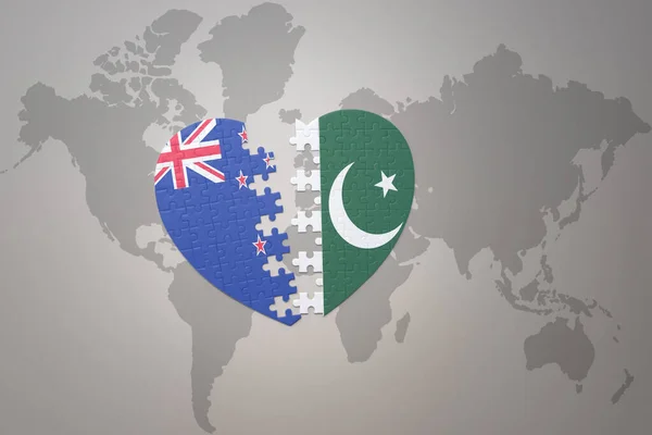 Puzzle Heart National Flag New Zealand Pakistan World Map Background — Stock Photo, Image