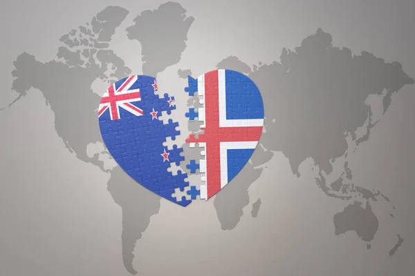 Puzzle Heart National Flag New Zealand Iceland World Map Background — Stock Photo, Image