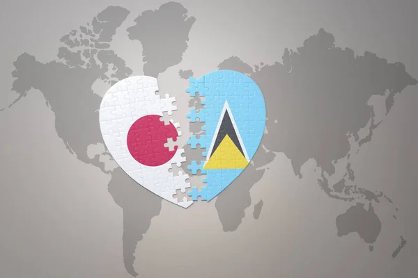 在世界地图的背景上 用日本国旗和圣露西亚国旗迷惑人心 3D插图 — 图库照片