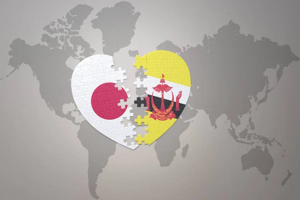 在世界地图的背景上 与日本和黑龙江国旗拼凑在一起 3D插图 — 图库照片