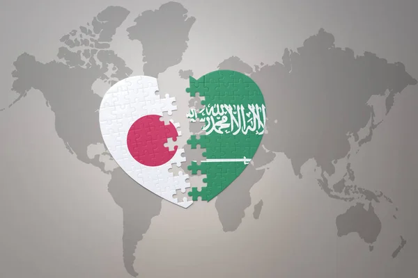 Сердце Головоломки Национальным Прапором Джапана Сауди Арабии Полу Мировой Мапи — стокове фото