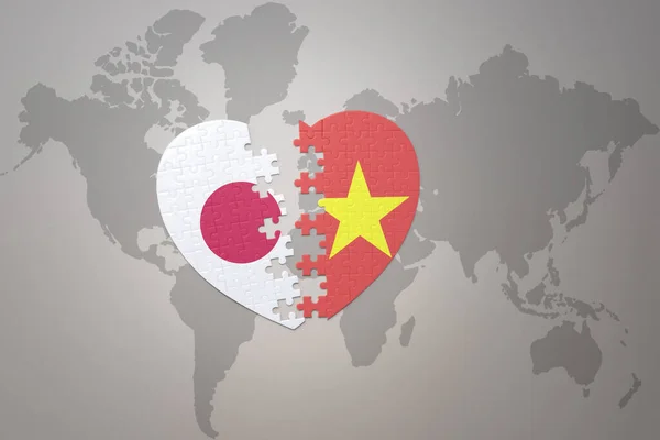 パズルハート日本とベトナムの国旗を背景にした世界地図です コンセプト 3Dイラスト — ストック写真