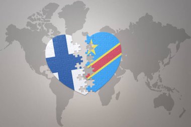 Demokratik Kongo Cumhuriyeti ve Finlandiya 'nın ulusal bayrağıyla bir bulmaca kalbi dünya haritası arka planında. Kavram. 3B illüstrasyon