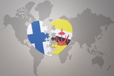 Dünya haritasının arka planında, ulusal brunei ve Finlandiya bayrağı olan bir bulmaca kalbi. Kavram. 3B illüstrasyon
