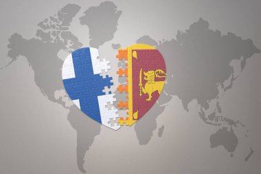 Sri Lanka 'nın ulusal bayrağı ve Finlandiya' nın bulmaca kalbi dünya haritasının arka planında. Kavram. 3B illüstrasyon