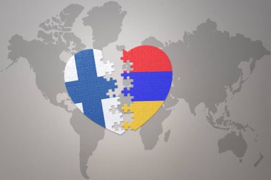 Dünya haritasının arka planında Ermenistan ve Finlandiya 'nın ulusal bayrağı olan bir bulmaca kalbi. Kavram. 3B illüstrasyon