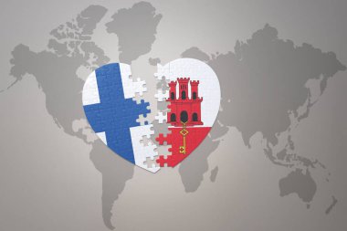 Dünya haritasının arka planında, Cebelitarık ve Finlandiya 'nın ulusal bayrağı olan bir yapboz kalbi. Kavram. 3B illüstrasyon