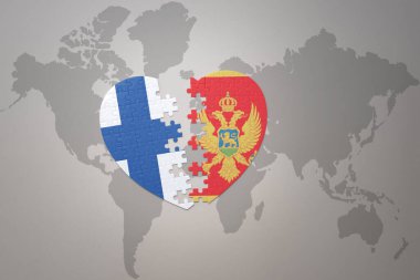 Moğollar ve Finlandiya 'nın ulusal bayrağını taşıyan bir yapboz kalbi dünya haritasının arka planında. Kavram. 3B illüstrasyon