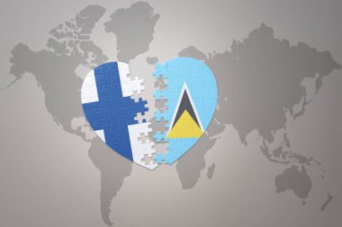 Dünya haritasında Aziz Lucia ve Finlandiya 'nın ulusal bayrağını gösteren bir bulmaca kalbi. Kavram. 3B illüstrasyon