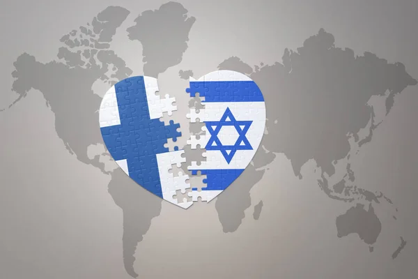 Серце Головоломка Національним Прапором Ізраїлю Крайньої Площі Фоні Карти Світу — стокове фото