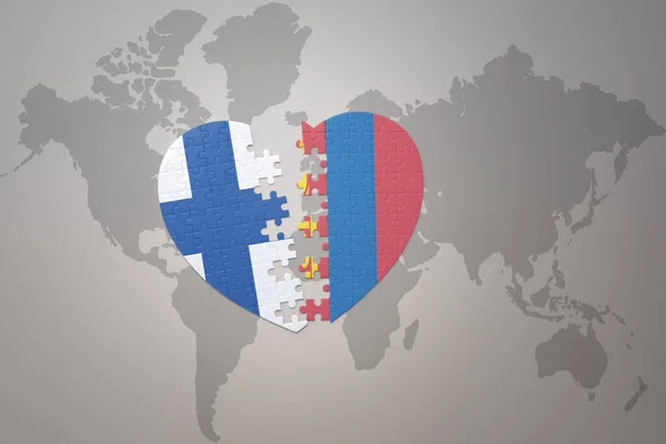Puzzle Herz Mit Der Nationalflagge Der Mongolei Und Finnlands Auf — Stockfoto