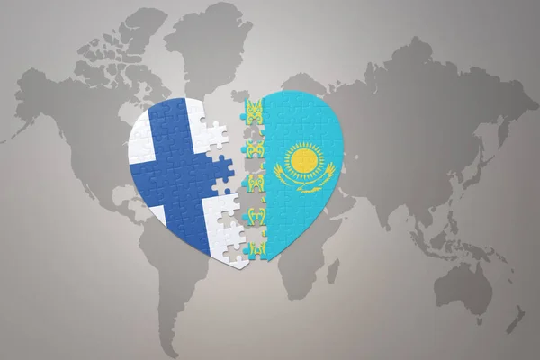 Puzzle Heart National Flag Kazakhstan Finland World Map Background Concept — Stock Photo, Image
