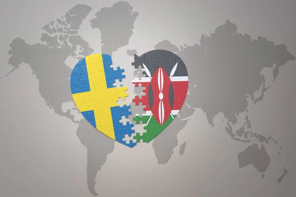 Puzzle Heart National Flag Sweden Kenya World Map Background Concept — Stock Photo, Image
