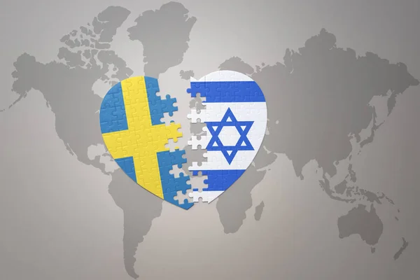 Puzzle Heart National Flag Sweden Israel World Map Background Concept — Stock Photo, Image