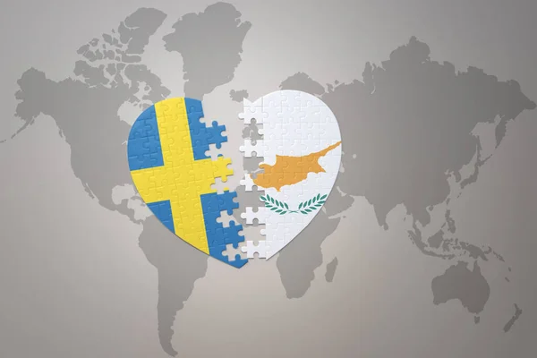 Puzzle Heart National Flag Sweden Cyprus World Map Background Concept — Stock Photo, Image