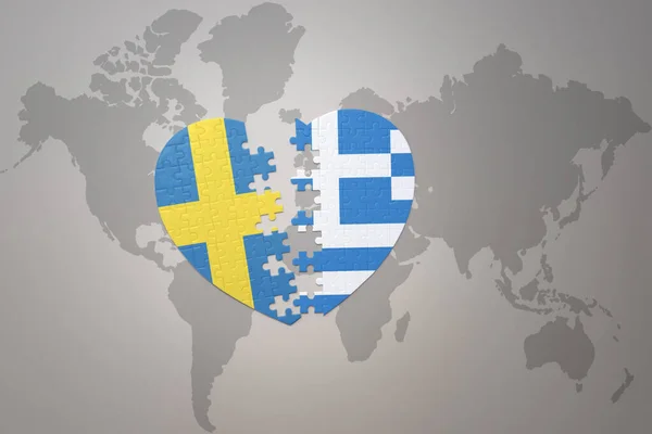 Puzzle Heart National Flag Sweden Greece World Map Background Concept — Stock Photo, Image