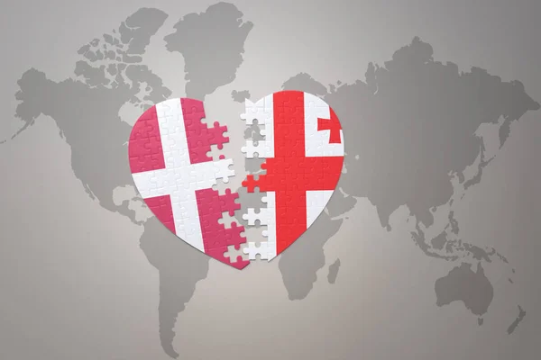 Corazón Del Rompecabezas Con Bandera Nacional Georgia Denmark Fondo Mapa —  Fotos de Stock