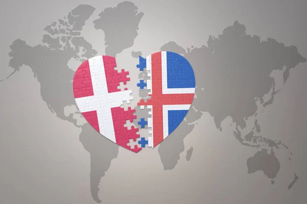 Puzzle Heart National Flag Iceland Denmark World Map Background Concept — Stock Photo, Image