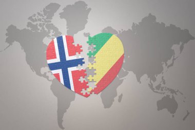 Norveç ulusal bayrağı ve Kongo cumhuriyetinin bulmaca kalbi dünya haritası arka planında. Kavram. 3B illüstrasyon