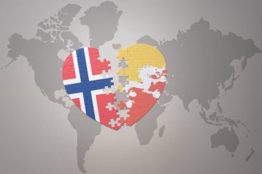 Norveç ve Butan 'ın ulusal bayrağını taşıyan bir yapboz kalbi dünya haritası arka planında. Kavram. 3B illüstrasyon