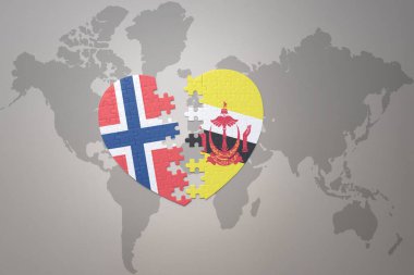 Dünya haritasında Norveç ve Brunei 'nin ulusal bayrağını taşıyan bir yapboz kalbi. Kavram. 3B illüstrasyon