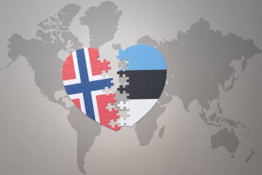 Norveç 'in ulusal bayrağı ve Estonya' nın yapboz kalbi dünya haritası arka planında. Kavram. 3B illüstrasyon