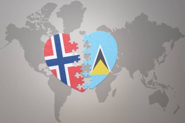 Norveç 'in ulusal bayrağı ve dünya haritasının arka planında Aziz Lucia' nın yapboz kalbi. Kavram. 3B illüstrasyon