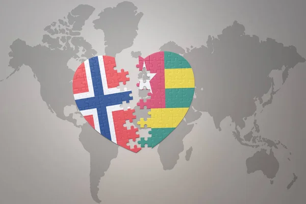 Серце Головоломка Національним Прапором Норвегії Фоні Карти Світу Поняття Ілюстрація — стокове фото