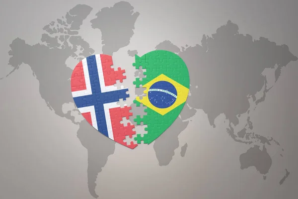 Cuore Puzzle Con Bandiera Nazionale Norway Brasile Uno Sfondo Mappa — Foto Stock