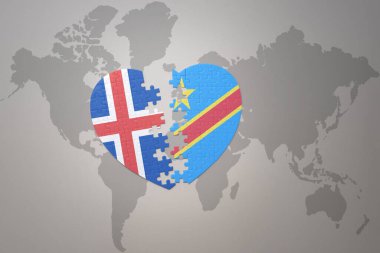 Demokratik Kongo Cumhuriyeti ve İzlanda 'nın ulusal bayrağıyla bir dünya haritası arka planında bulmaca kalbi. Kavram. 3B illüstrasyon