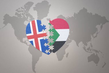 Sudan ve İzlanda 'nın ulusal bayrağını taşıyan bir yapboz kalbi dünya haritasının arka planında. Kavram. 3B illüstrasyon