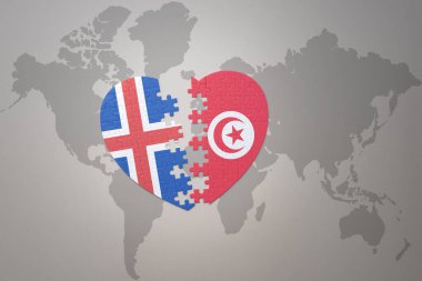 Tunus ve İzlanda 'nın ulusal bayrağını taşıyan bir yapboz kalbi dünya haritasının arka planında. Kavram. 3B illüstrasyon