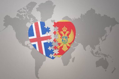 Montana ve İzlanda 'nın ulusal bayrağını taşıyan bir yapboz kalbi dünya haritasının arka planında. Kavram. 3B illüstrasyon