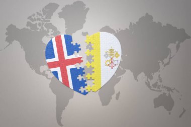 Dünya haritasının arka planında Vatikan 'ın ulusal bayrağı ve İzlanda' nın yapboz kalbi. Kavram. 3B illüstrasyon