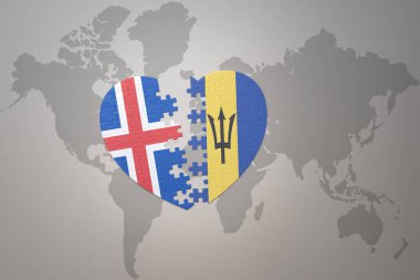 Dünya haritasının arka planında Barbados ve İzlanda 'nın ulusal bayrağı olan bir yapboz kalbi. Kavram. 3B illüstrasyon