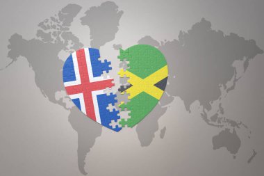 Jamaika ve İzlanda 'nın ulusal bayrağını taşıyan bir yapboz kalbi dünya haritasının arka planında. Kavram. 3B illüstrasyon