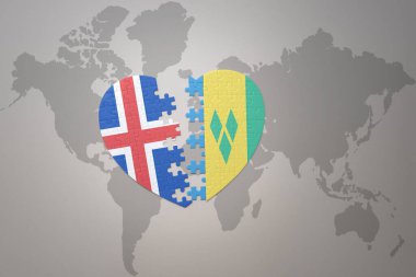 Aziz Vincent 'in ulusal bayrağının, el bombalarının ve İzlanda' nın yapboz kalbi dünya haritasının arka planında. Kavram. 3B illüstrasyon