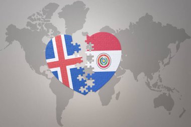Dünya haritasının arka planında Paraguay ve İzlanda 'nın ulusal bayrağı olan bir yapboz kalbi. Kavram. 3B illüstrasyon