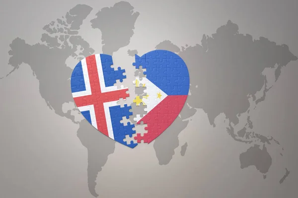 Puzzle Heart National Flag Philippines Iceland World Map Background Concept — Stock Photo, Image