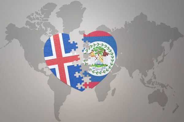 Puzzle Srdce Národní Vlajkou Belize Islandu Pozadí Mapy Světa Koncept — Stock fotografie