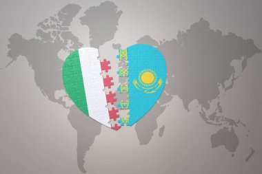 Bir dünya haritasında Kazakistan ve İtalya 'nın ulusal bayrağıyla bulmaca kalbi. 3B illüstrasyon