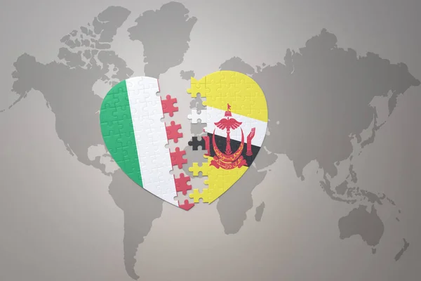 Puzzle Heart National Flag Brunei Italy World Map Background Concept — Stock Photo, Image
