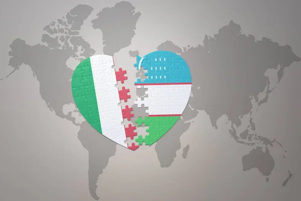 Puzzle Heart National Flag Uzbekistan Italy World Map Background Concept — Stock Photo, Image