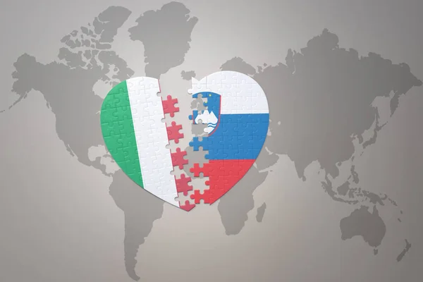 Puzzle Heart National Flag Slovenia Italy World Map Background Concept — Stock Photo, Image